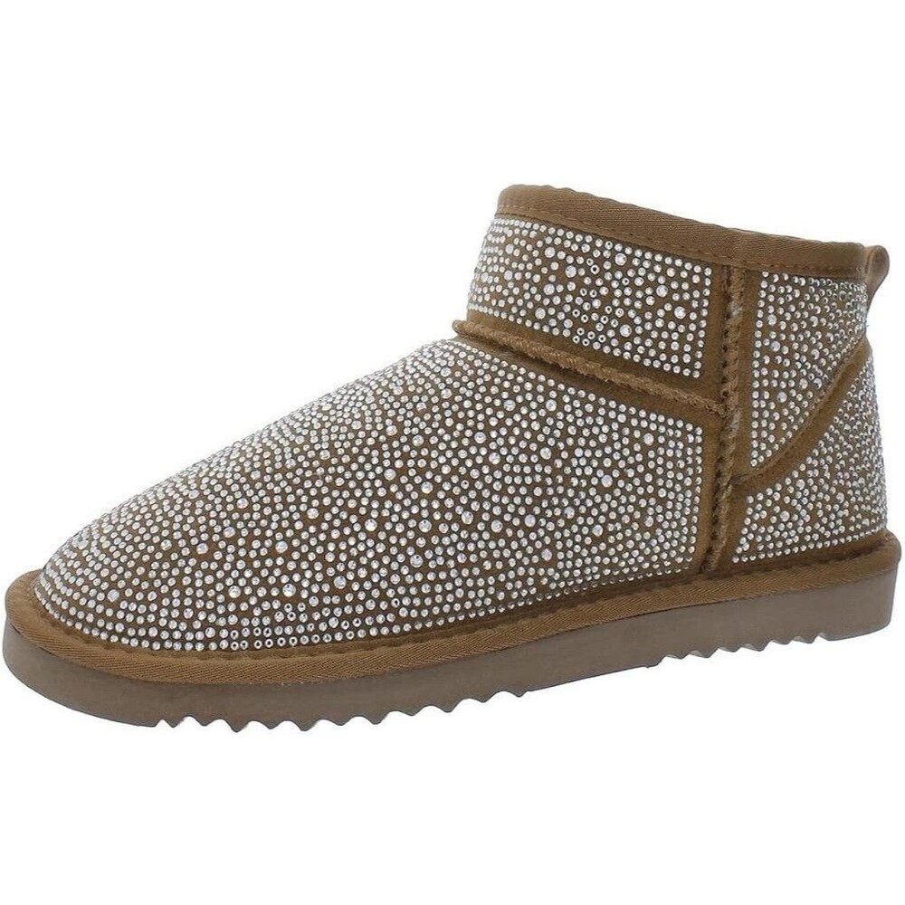 INC Womens 7 M Tan Bling Rhinestone Embellished Faux Fur Flat Booties NIB TG4
